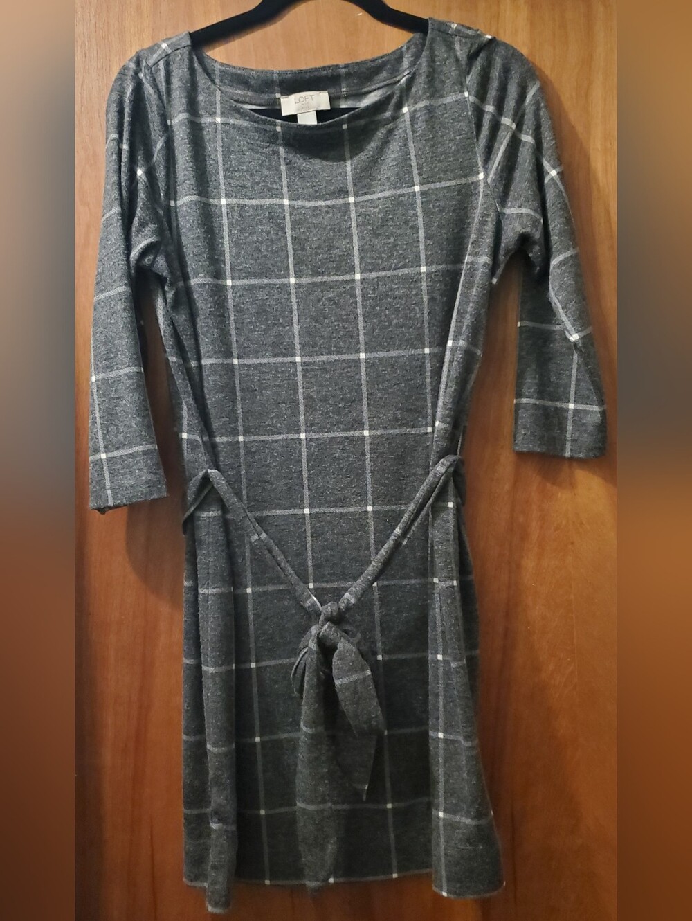 LOFT Charcoal Gray Windowpane Tie-Front Dress